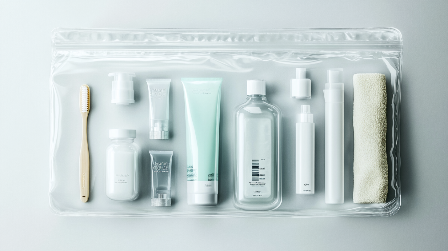 The image shows a clear plastic bag containing various travel-sized toiletries. Inside the bag, there is a wooden toothbrush, several small bottles and tubes of personal care products, and a rolled-up towel. The items are neatly arranged in a minimalist style.