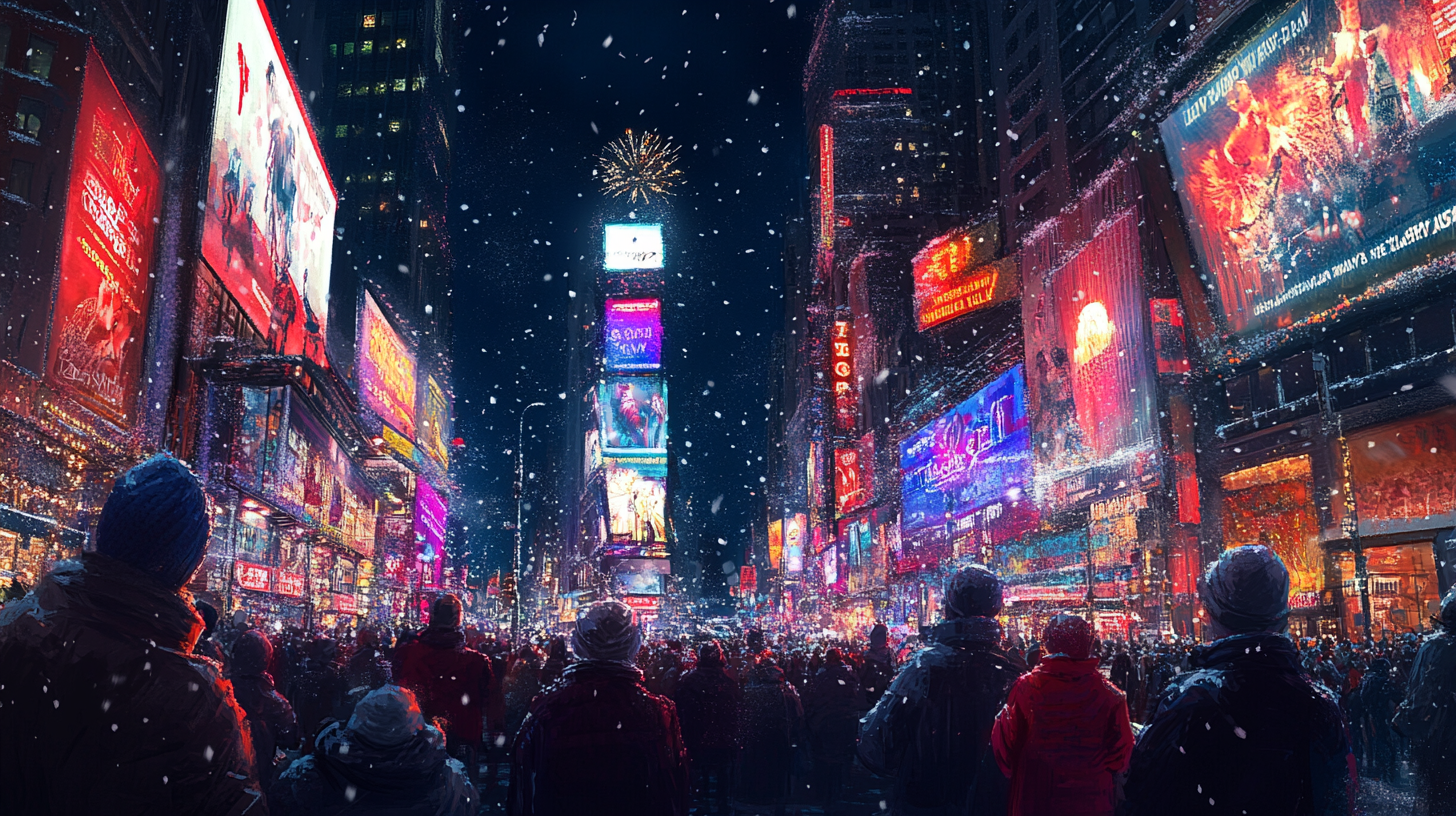 A bustling city scene at night, likely Times Square in New York City, filled with a large crowd of people. The area is illuminated by numerous bright, colorful billboards and advertisements. Snow is gently falling, adding a festive atmosphere. Fireworks are visible in the sky above the buildings.