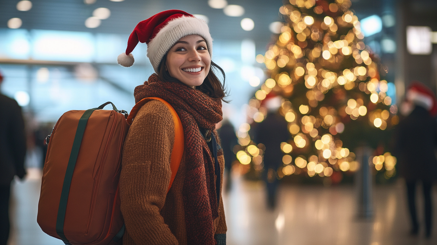 A person wearing a Santa hat and a warm scarf is smiling while standing in an indoor setting, likely an airport or a mall. They have a backpack on their shoulder. In the background, there is a large, decorated Christmas tree with glowing lights, and several people are visible, some also wearing Santa hats. The atmosphere is festive and cheerful.