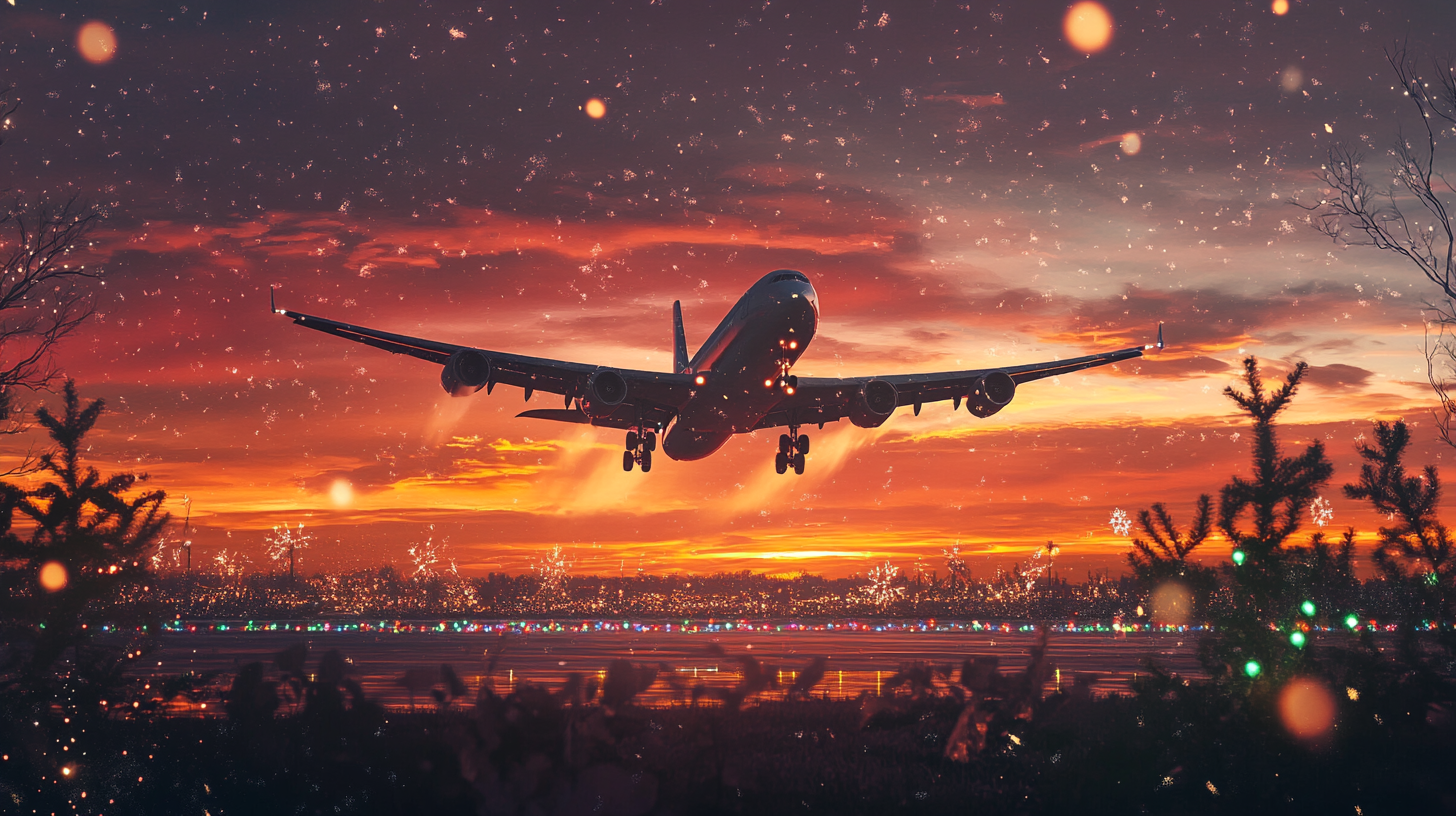 A large airplane is landing at an airport during a vibrant sunset. The sky is filled with warm hues of orange and red, and there are snowflakes gently falling. The runway is illuminated with colorful lights, and silhouettes of trees are visible in the foreground.