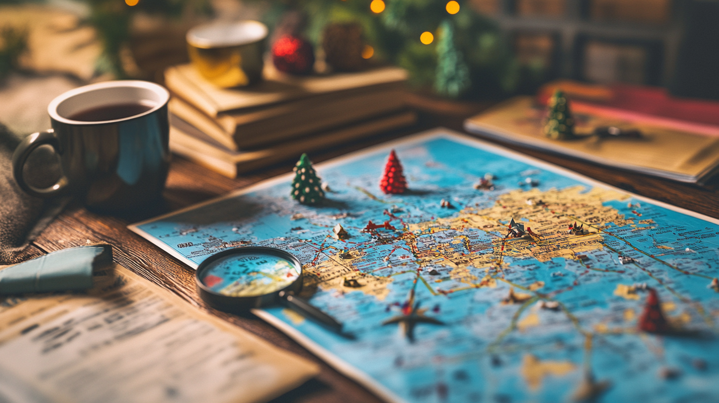 The image shows a cozy scene with a map spread out on a wooden table. Small decorative Christmas trees are placed on the map. A magnifying glass lies on the map, and a cup of coffee or tea is nearby. In the background, there are stacked books and blurred holiday lights, creating a warm, festive atmosphere.