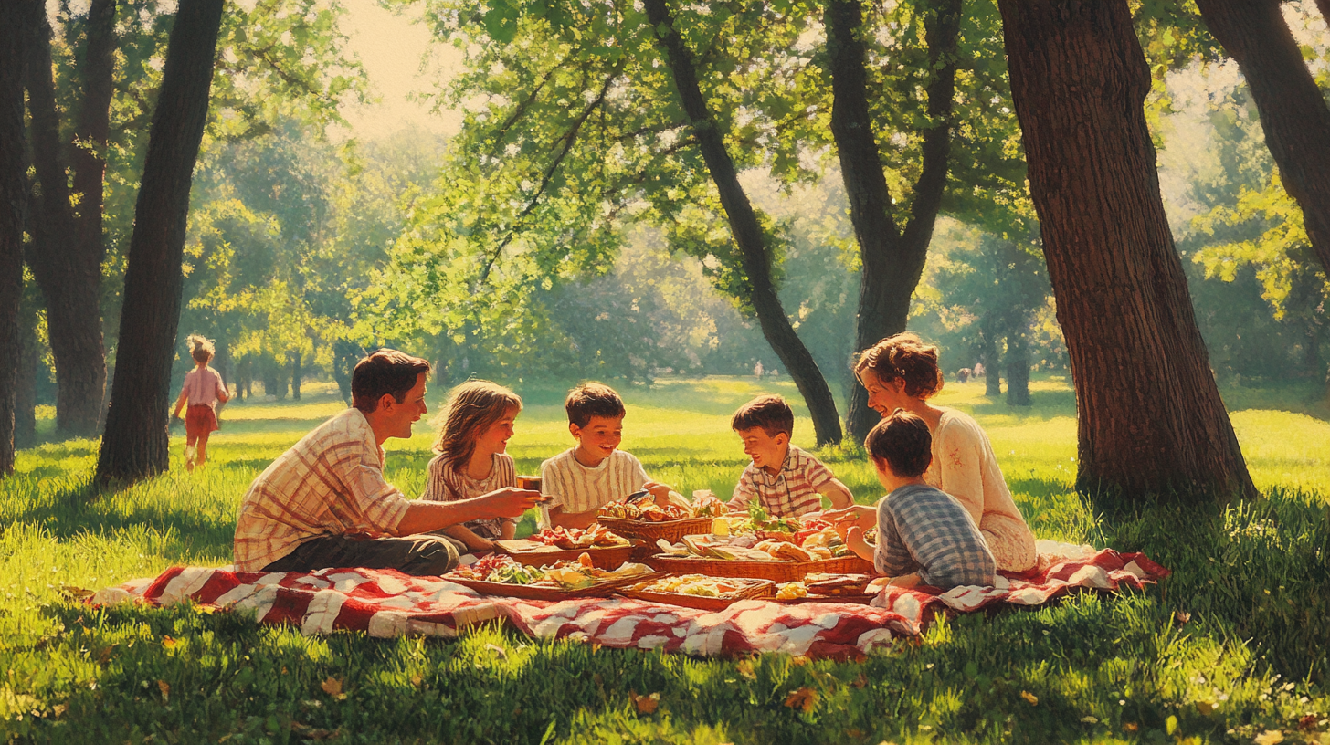 A family is having a picnic on a red and white checkered blanket in a sunlit park. They are surrounded by tall trees and lush green grass. The group includes adults and children, who are enjoying a variety of foods laid out on the blanket. Sunlight filters through the trees, creating a warm and inviting atmosphere.