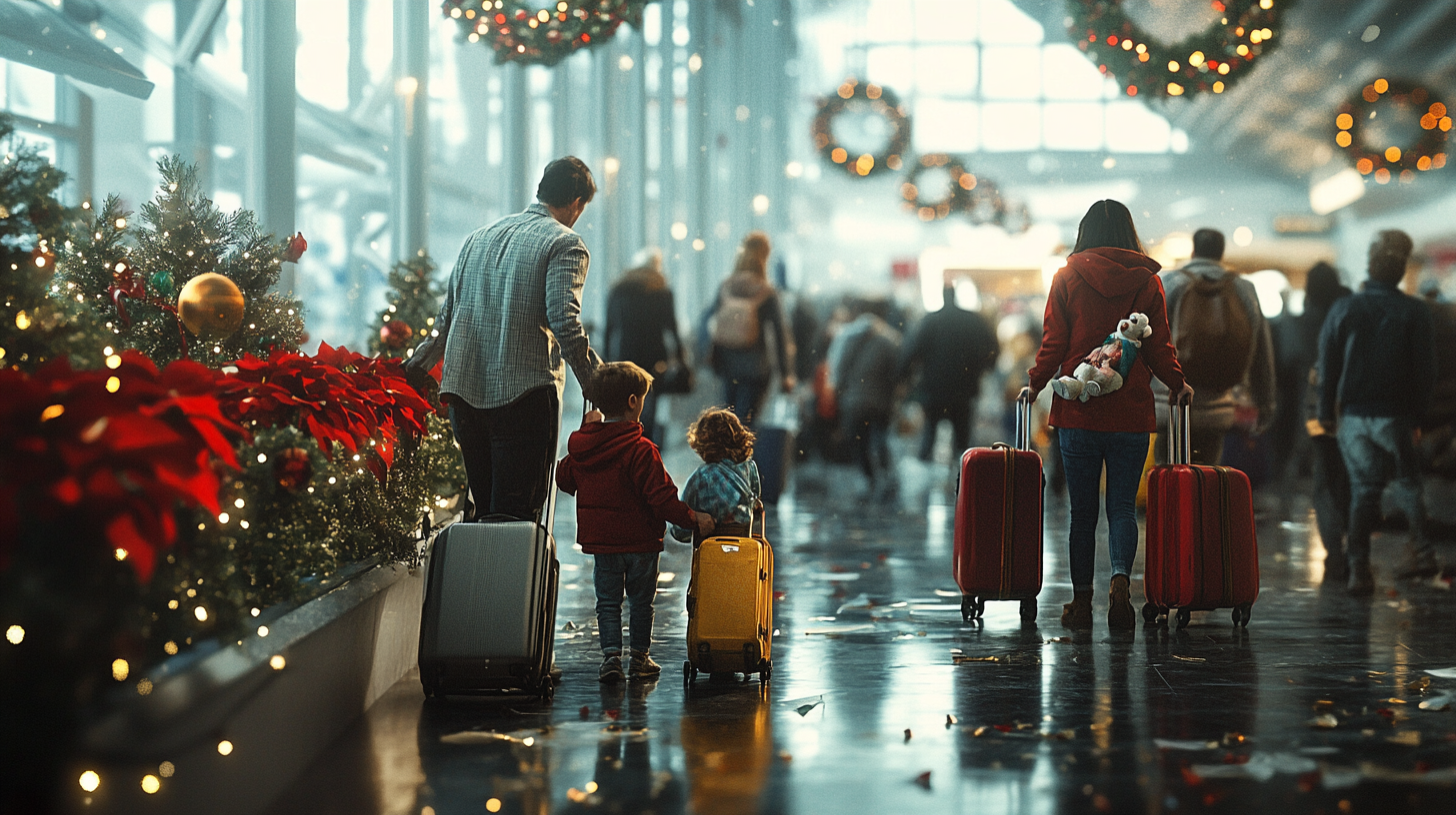 A family is walking through a festive airport terminal decorated with Christmas wreaths and lights. The father and two children are pulling suitcases, with the children holding a small yellow suitcase. The mother, wearing a red coat, is pulling two red suitcases with a stuffed toy attached. The terminal is bustling with other travelers, and holiday decorations, including poinsettias and ornaments, line the walkway.