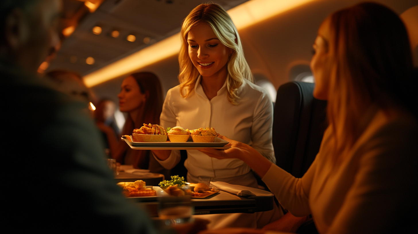 A flight attendant is serving food to passengers on an airplane. The attendant is holding a tray with various dishes, and a passenger is reaching out to take a plate. The cabin is dimly lit, creating a warm atmosphere. Other passengers are visible in the background.