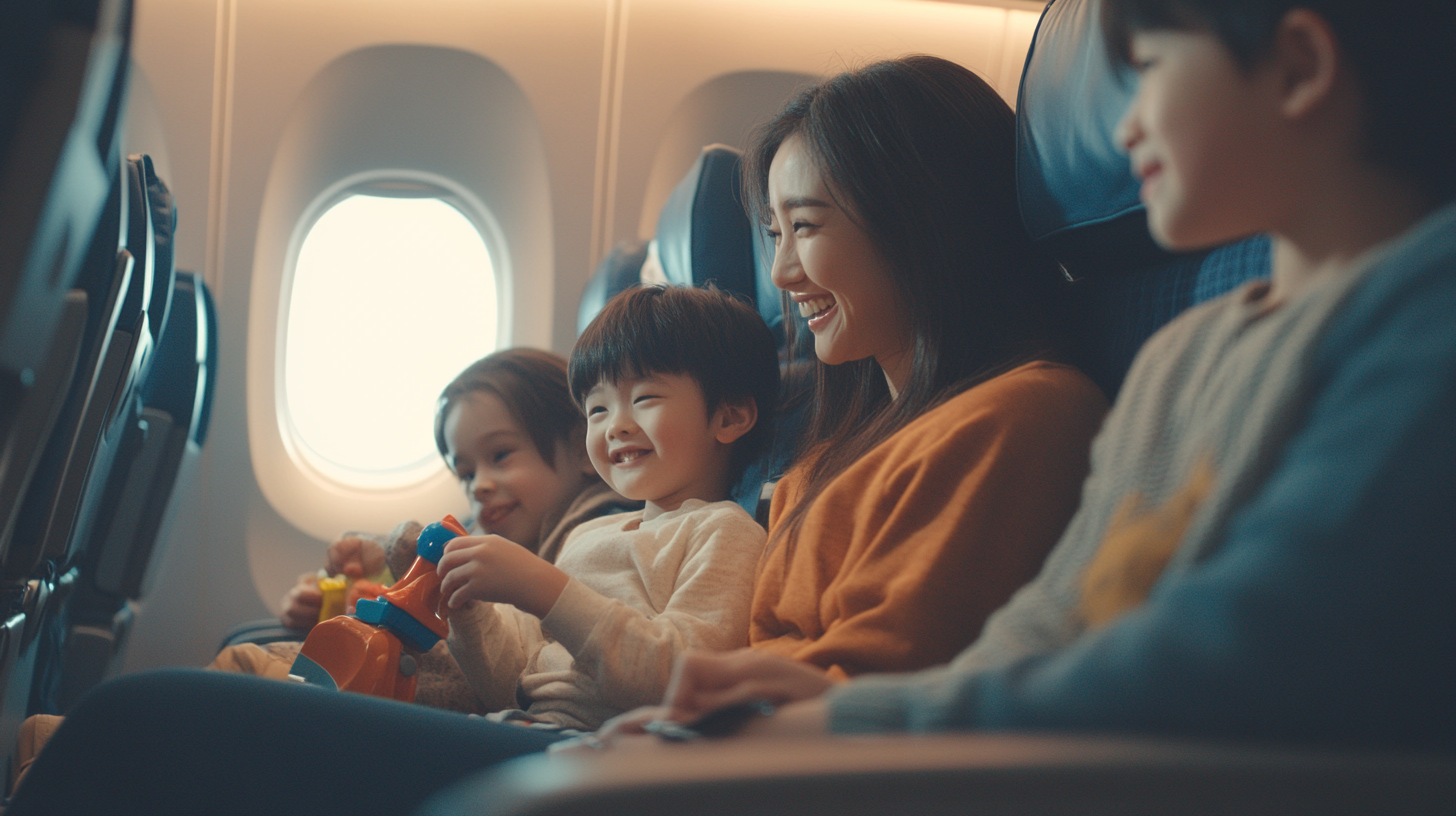 A woman and three children are sitting in airplane seats, smiling and enjoying their time. One child is holding a colorful toy. The airplane window is visible in the background, suggesting they are in flight.