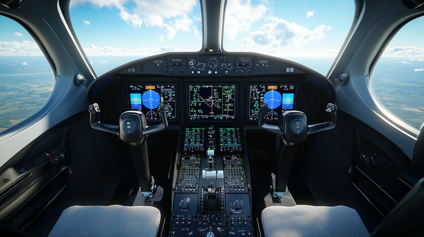 The image shows the cockpit of an aircraft, featuring multiple digital displays and control panels. The cockpit has two seats and is equipped with various instruments, including flight controls and navigation systems. The view through the windows shows a clear sky with clouds and a landscape below.