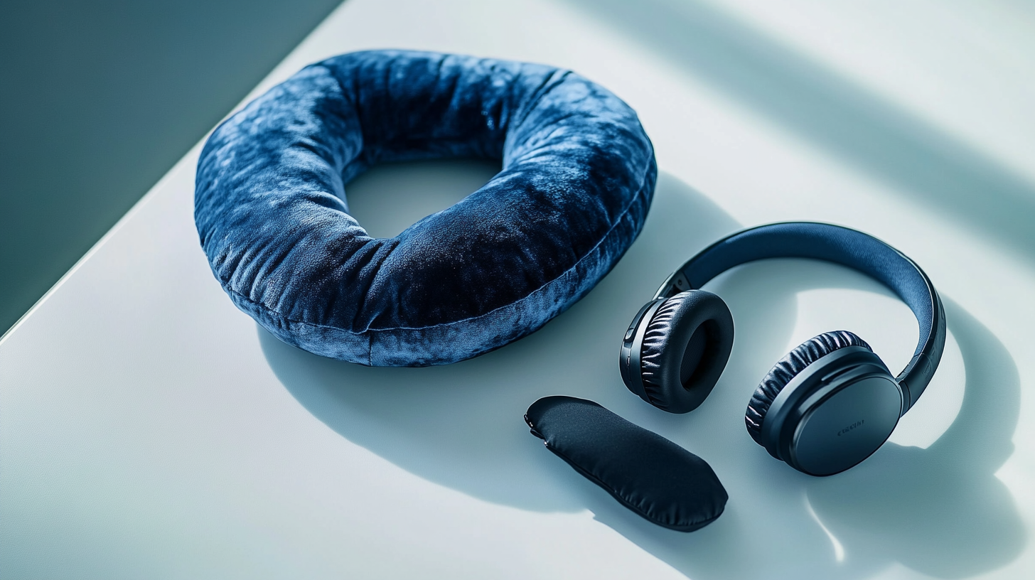The image shows a blue travel neck pillow, a pair of black over-ear headphones, and a black sleep mask placed on a light-colored surface. The items are arranged neatly, suggesting a travel or relaxation theme.