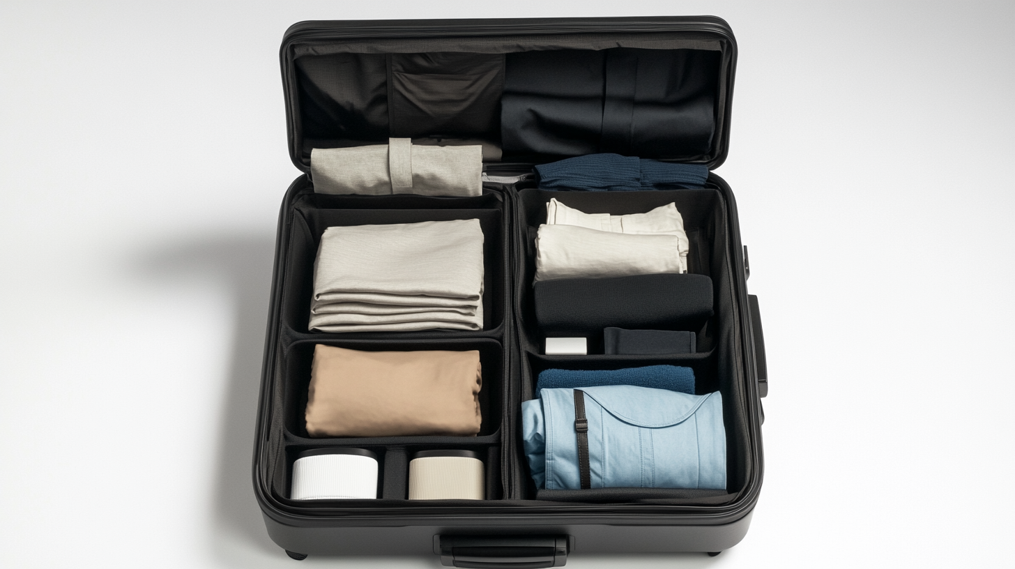 The image shows an open suitcase with neatly organized compartments. Inside, there are folded clothes in various colors, including beige, black, and blue. The suitcase also contains small items like rolled-up socks or accessories, all arranged in a tidy manner.