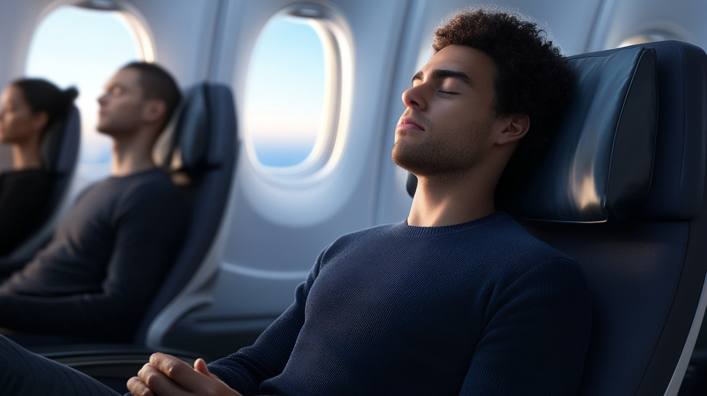 A man is sitting in an airplane seat with his eyes closed, appearing relaxed. He is wearing a dark sweater. In the background, two other passengers are also seated, with their eyes closed. The airplane windows show a view of the sky outside.