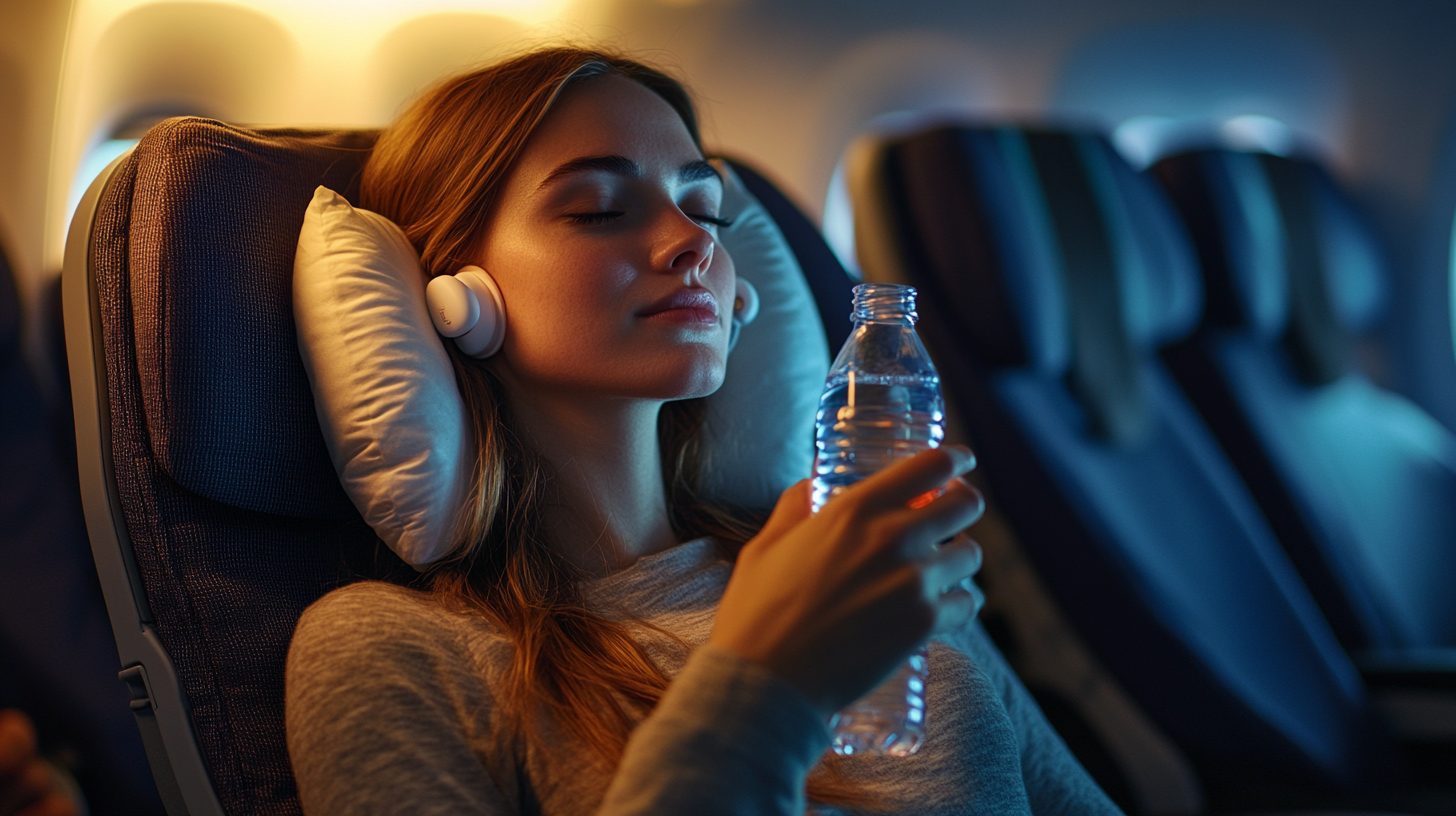 A person is sitting in an airplane seat, wearing headphones and resting with a neck pillow. They are holding a bottle of water and appear relaxed, with their eyes closed. The airplane cabin is dimly lit.