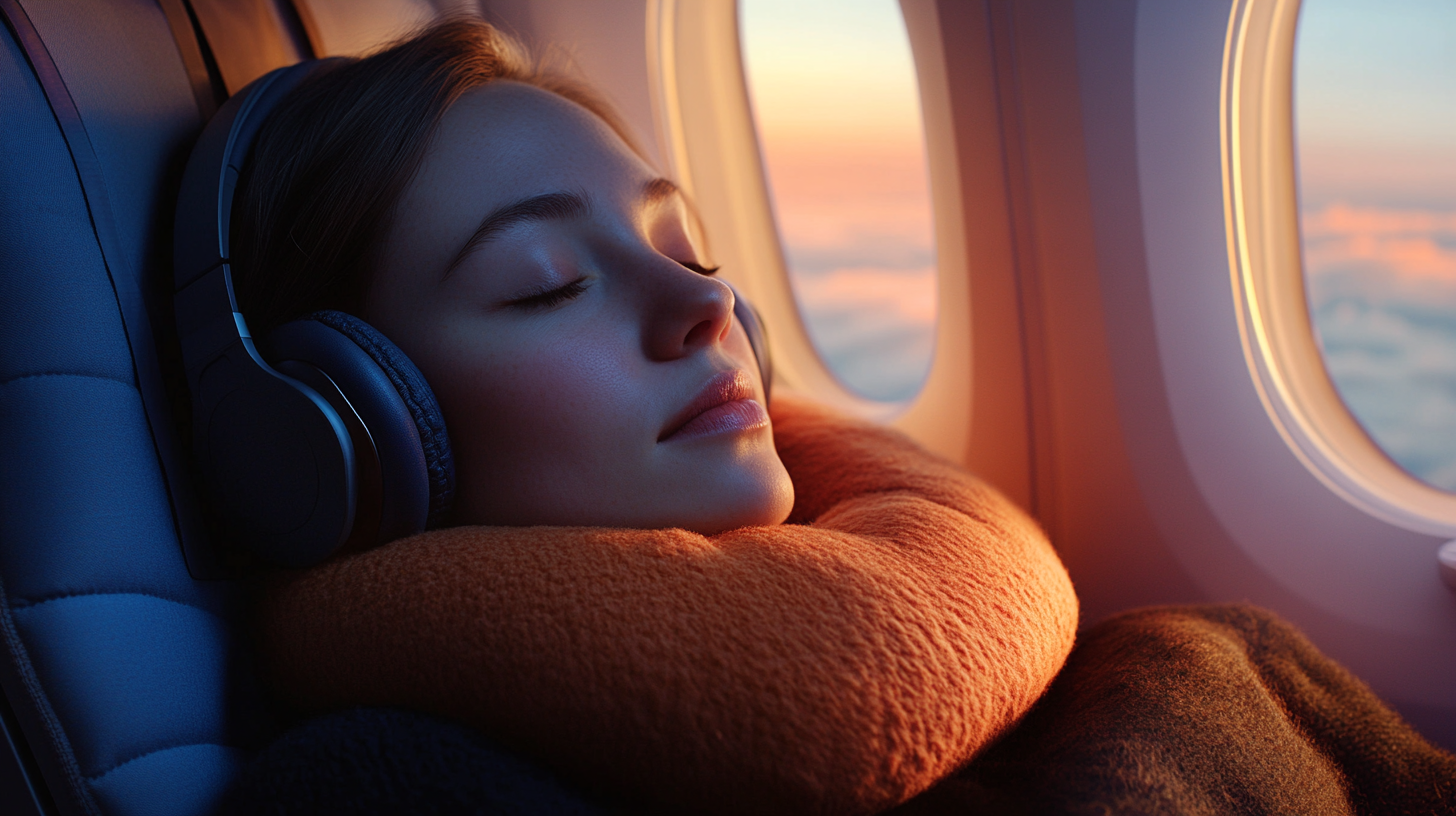 A person is sleeping on an airplane, wearing headphones and a neck pillow. The window shows a view of clouds and a colorful sky, suggesting a sunrise or sunset. The lighting is soft and warm.