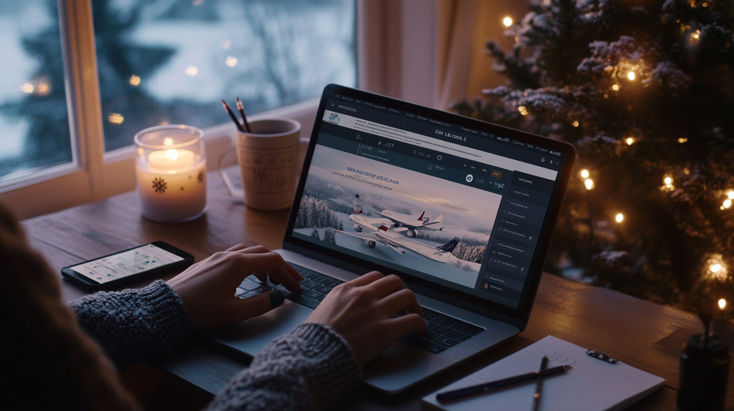 A person is using a laptop on a wooden desk near a window. The screen displays an image of airplanes in a snowy landscape. The setting is cozy, with a lit candle, a smartphone, and a notepad with pens nearby. A Christmas tree with lights is visible in the background, suggesting a winter or holiday atmosphere.