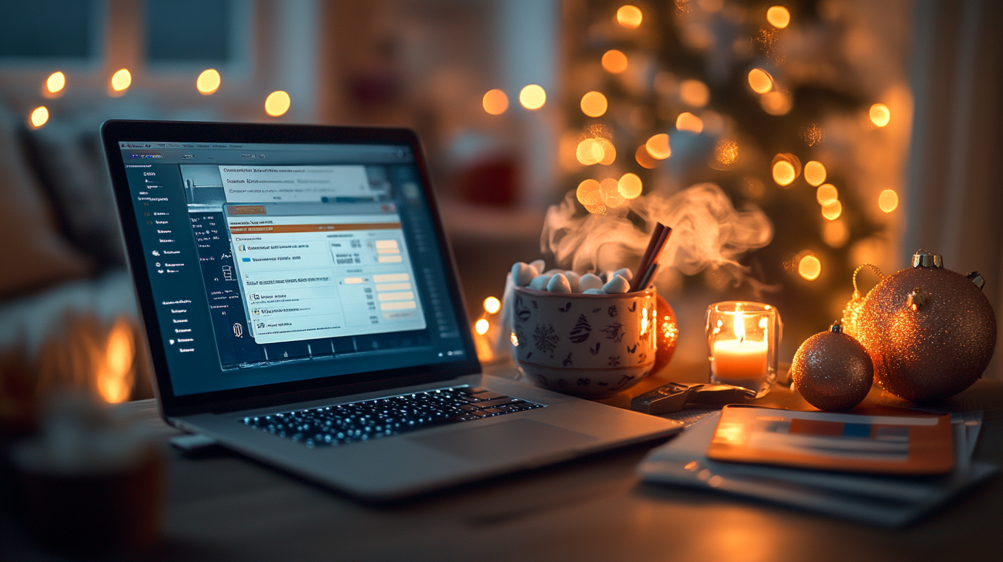 A cozy scene featuring a laptop on a table with a holiday-themed interface on the screen. Next to the laptop is a steaming mug filled with marshmallows and a cinnamon stick. A lit candle and a few glittery Christmas ornaments are nearby, creating a warm, festive atmosphere. In the background, blurred lights from a Christmas tree add to the ambiance.