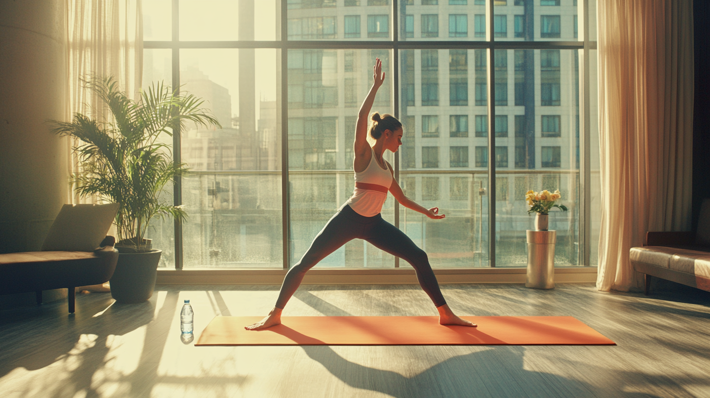 A person is practicing yoga in a sunlit room, performing a warrior pose on an orange yoga mat. The room has large windows with a cityscape view, sheer curtains, a potted plant, and a vase of flowers. A water bottle is placed on the floor next to the mat.