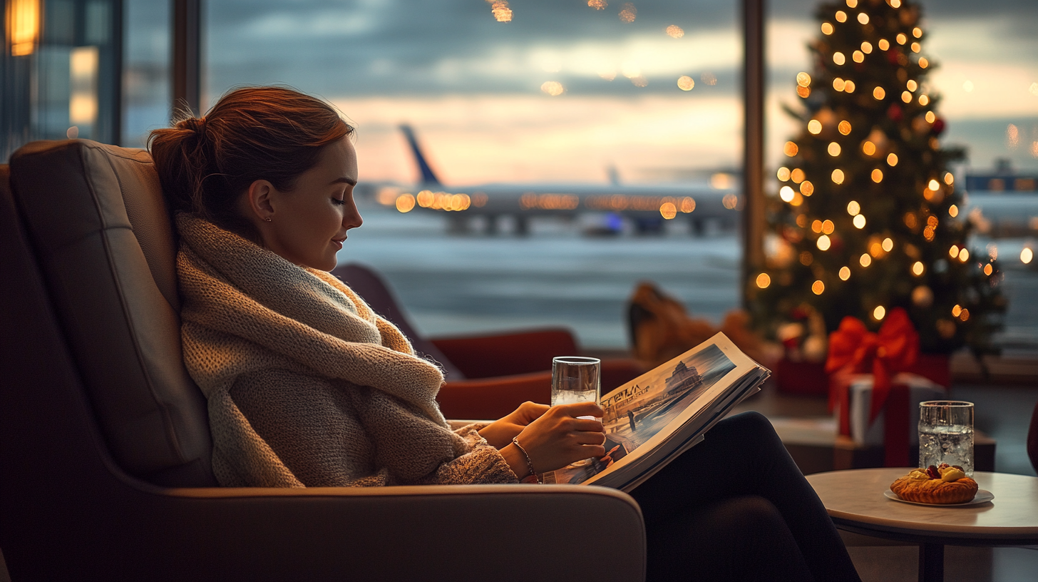A woman is sitting in an airport lounge, reading a magazine and holding a glass. She is wearing a cozy sweater. In the background, there is a decorated Christmas tree with lights and a view of airplanes on the tarmac through large windows. A table in front of her has a glass of water and a pastry. The scene is warmly lit, creating a festive and relaxed atmosphere.
