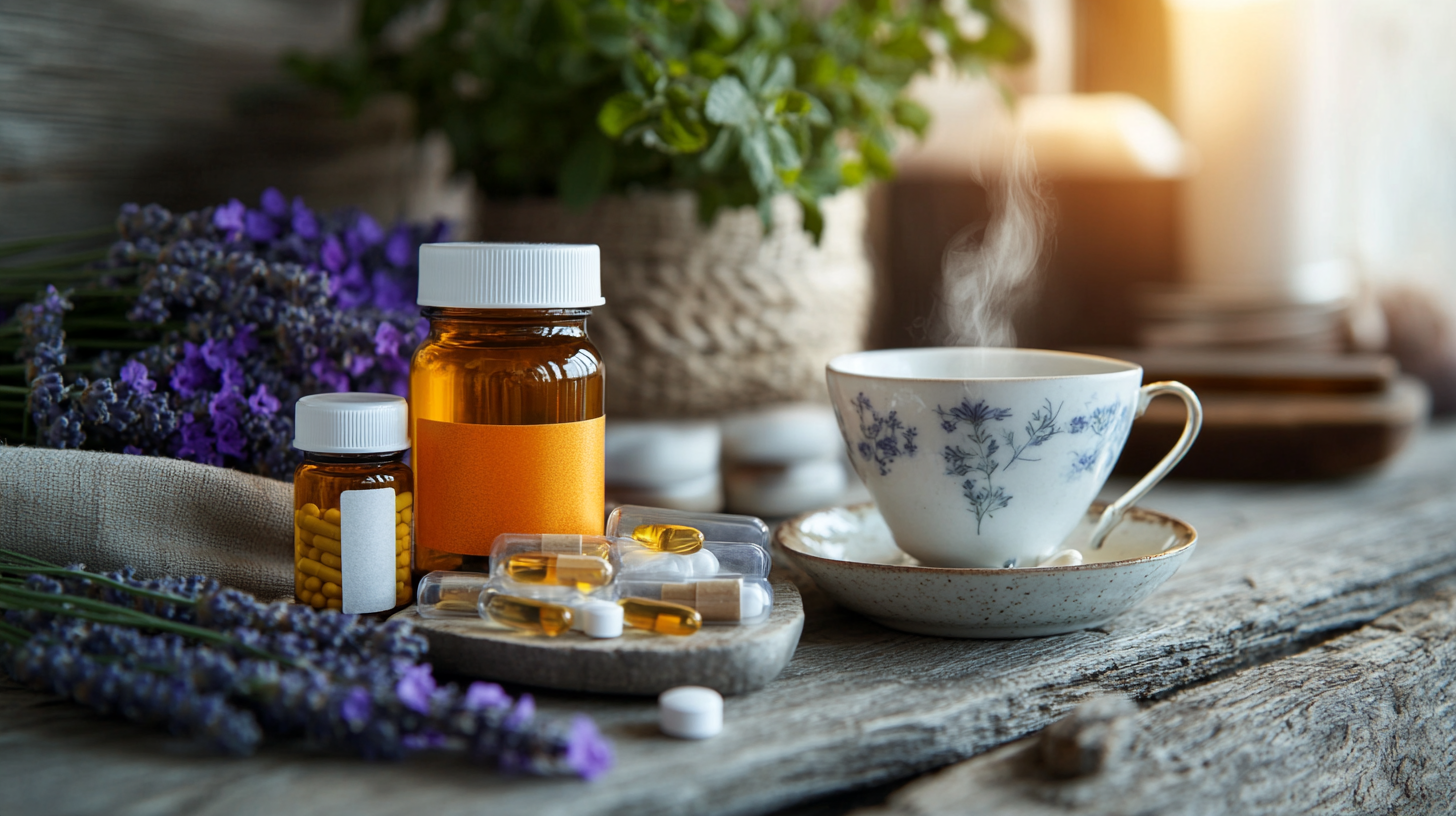 The image shows a rustic wooden table with a steaming cup of tea in a floral-patterned teacup and saucer. Next to the cup are several amber-colored bottles with white caps, containing capsules and pills. There are also sprigs of lavender and a potted plant in the background, creating a cozy and natural setting.