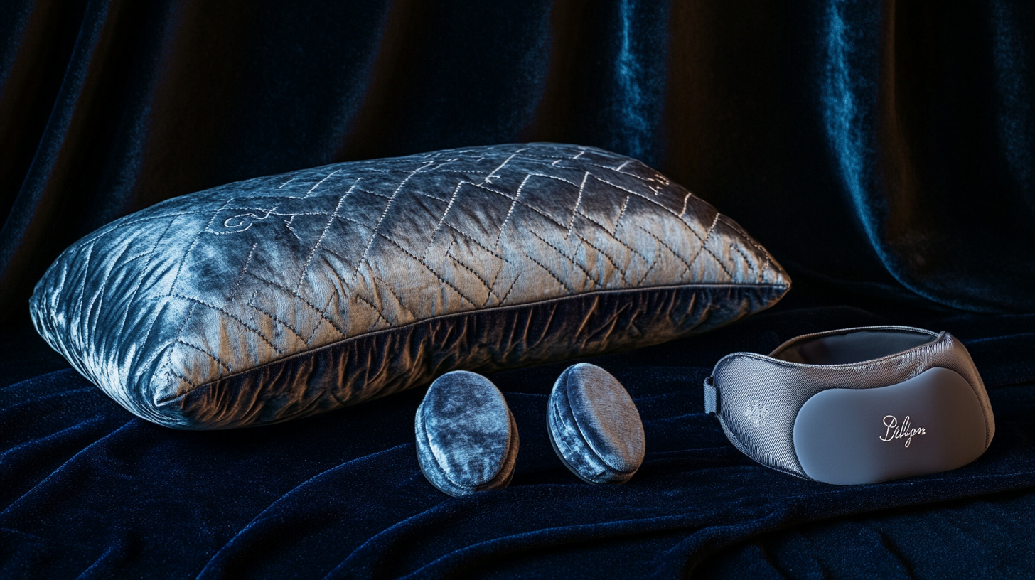 The image shows a luxurious setup featuring a quilted velvet pillow, two small velvet cushions, and a sleek eye mask with a strap. The items are placed on a dark, plush fabric background, creating an elegant and cozy atmosphere.