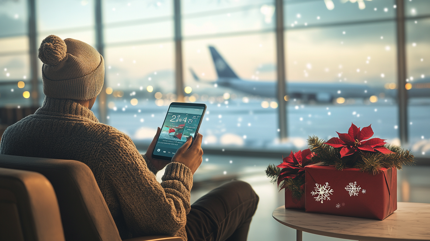 A person wearing a knit hat and sweater is sitting in an airport lounge, holding a tablet. Snowflakes are gently falling outside the large windows, where an airplane is visible on the tarmac. In the foreground, there is a table with a red gift box decorated with snowflakes and poinsettias. The scene has a cozy, festive atmosphere.