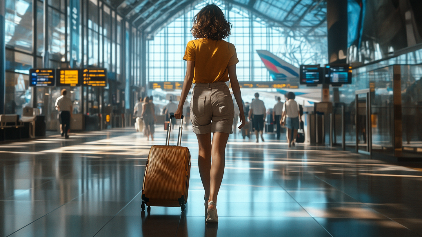 A person is walking through a modern airport terminal, pulling a suitcase. The terminal is spacious with high ceilings and large windows letting in natural light. There are information boards and other travelers in the background. An airplane is visible through the windows.
