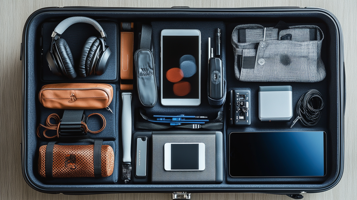 The image shows an organized suitcase with various electronic gadgets and accessories neatly arranged. Items include a pair of headphones, a tablet, a smartphone, a camera, charging cables, a power bank, and several pouches and cases. The suitcase is open, displaying the items on a wooden surface.