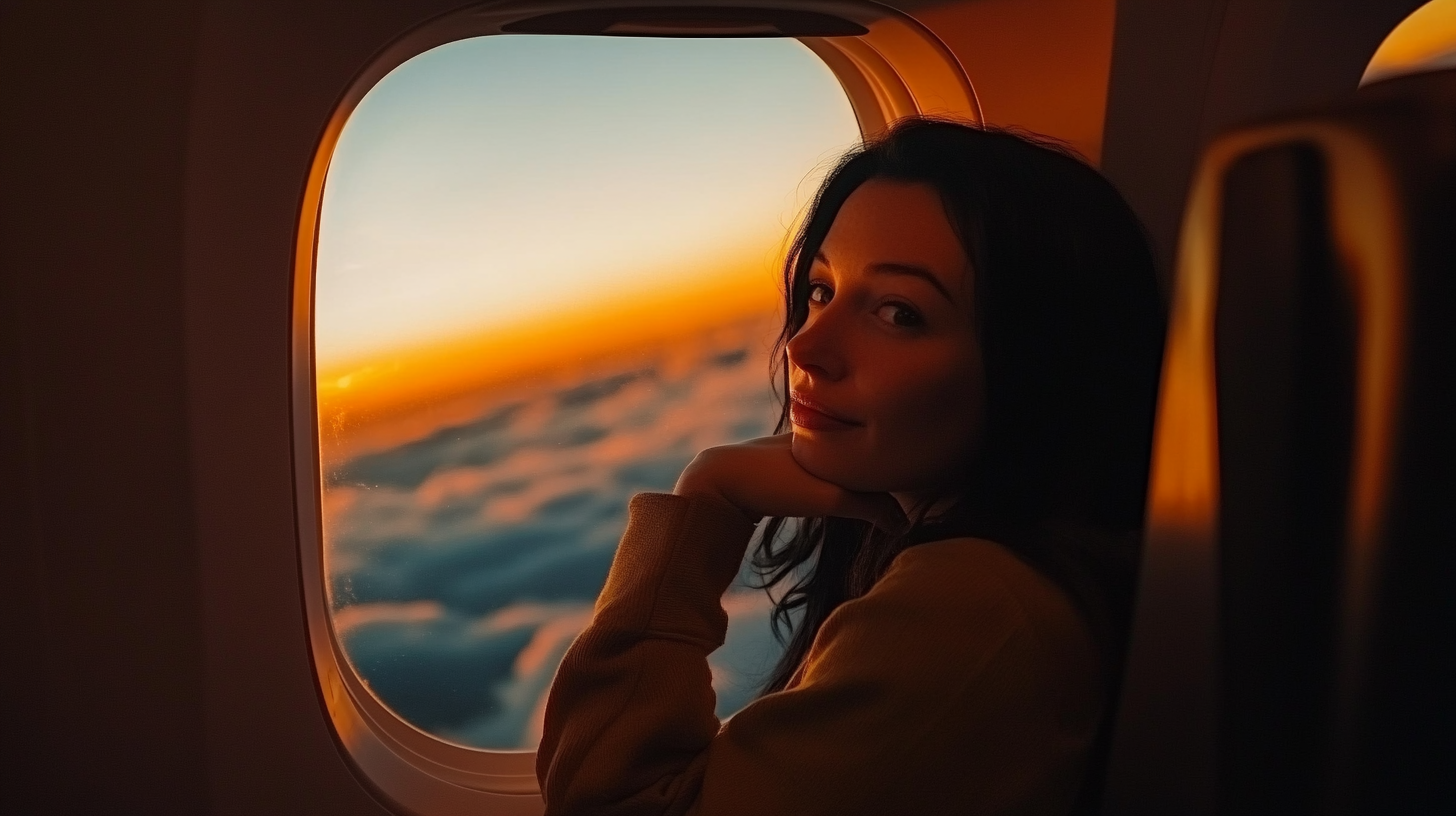 A person is sitting by an airplane window, looking outside at a sunset. The sky is a gradient of orange and blue, with clouds visible below. The warm light from the sunset illuminates the person's face and the interior of the plane.