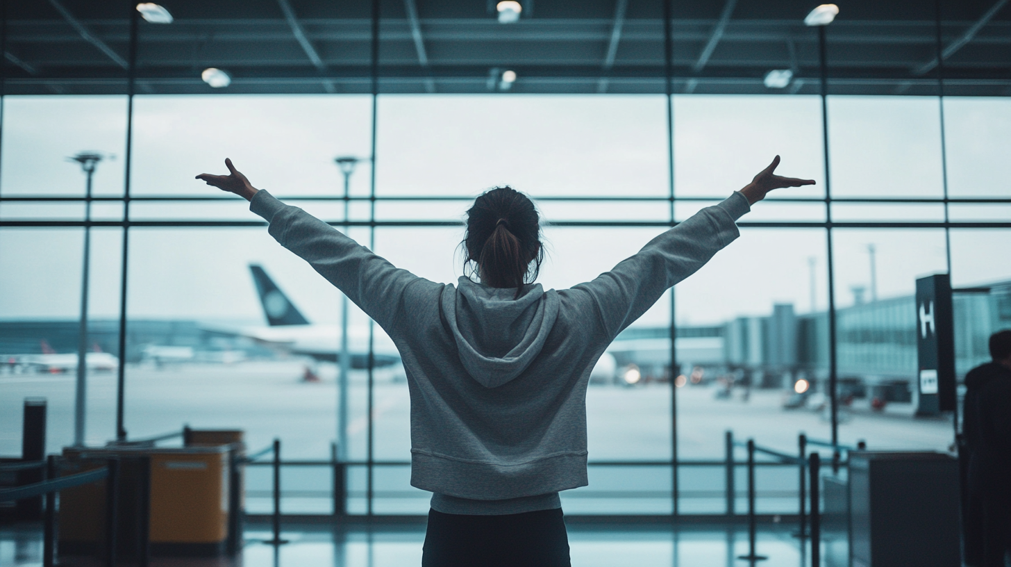 A person in a gray hoodie stands with arms outstretched, facing large windows at an airport terminal. Outside, airplanes and airport infrastructure are visible under a cloudy sky.