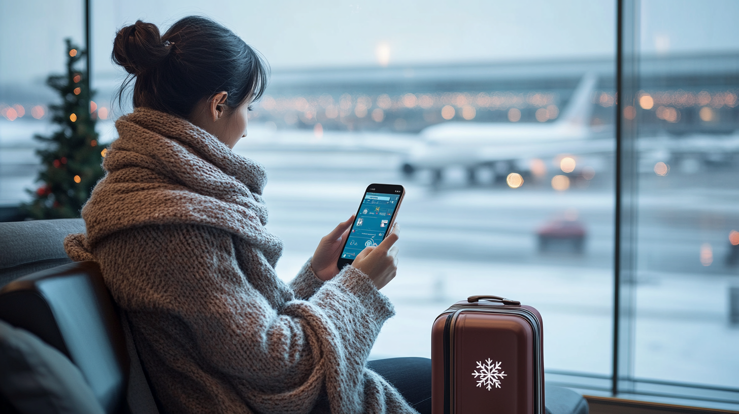 A woman is sitting in an airport lounge, wrapped in a thick scarf, looking at her smartphone. A suitcase with a snowflake design is beside her. Through the large window, airplanes and a snowy runway are visible. A small Christmas tree with lights is in the background, suggesting a winter or holiday setting.