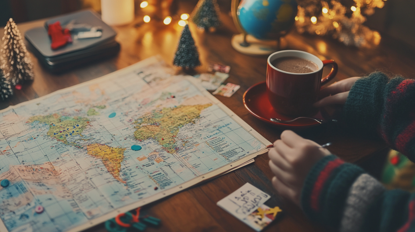A cozy scene featuring a person holding a red cup of hot chocolate on a wooden table. The table is decorated with small Christmas trees, a globe, and a world map. There are also holiday lights in the background, creating a warm and festive atmosphere.