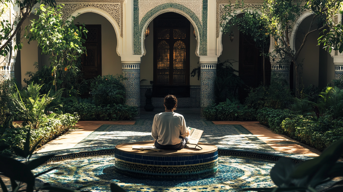 A person is sitting cross-legged on a circular tiled platform in the center of a courtyard, surrounded by lush greenery. They are reading a book placed on a stand. The courtyard features ornate arches and intricate tile work, with sunlight filtering through the trees, creating a serene and peaceful atmosphere.