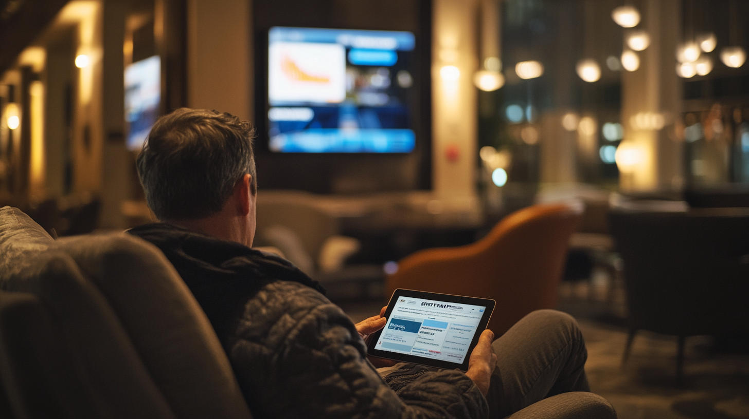 A person is sitting in a dimly lit lounge area, holding a tablet displaying a website. In the background, there is a large, blurred television screen and several hanging lights, creating a cozy atmosphere.