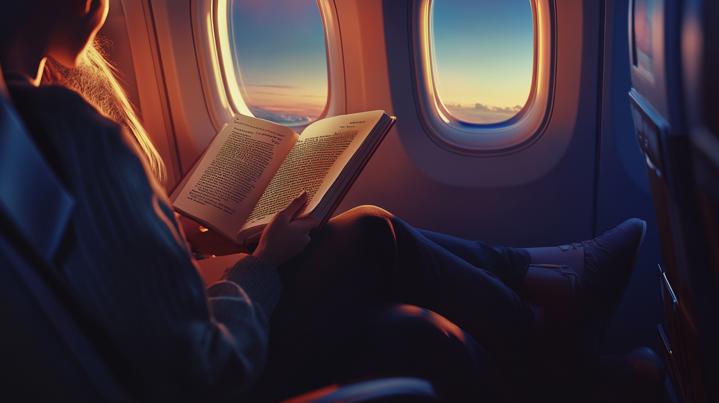 A person is sitting on an airplane, reading a book. The scene is warmly lit by the sunset visible through the window. The person is wearing a sweater and has their legs comfortably crossed. The airplane seat and window frame are visible, creating a cozy and relaxed atmosphere.
