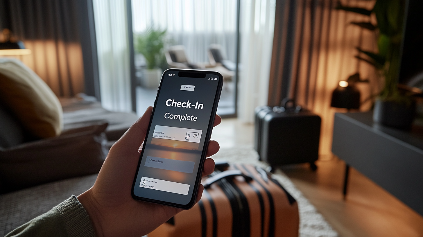 A person is holding a smartphone displaying a "Check-In Complete" screen. In the background, there is a cozy hotel room with a bed, a suitcase, and a window with curtains. The room is softly lit, creating a warm and inviting atmosphere.