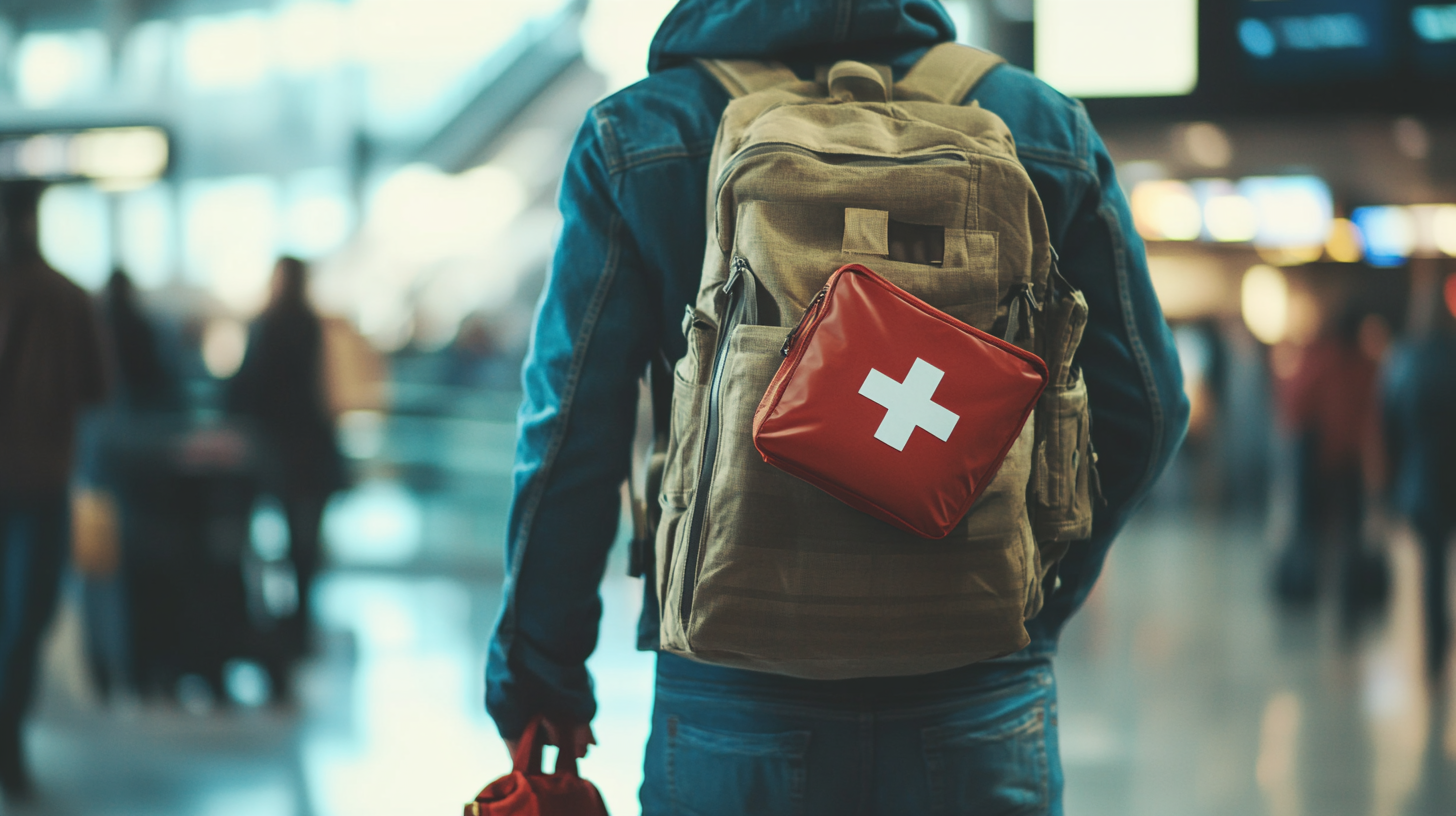 A person wearing a denim jacket is seen from behind, carrying a tan backpack with a red first aid kit attached to it. The first aid kit has a white cross on it. The background is a blurred indoor setting, possibly an airport or train station, with people and lights visible.