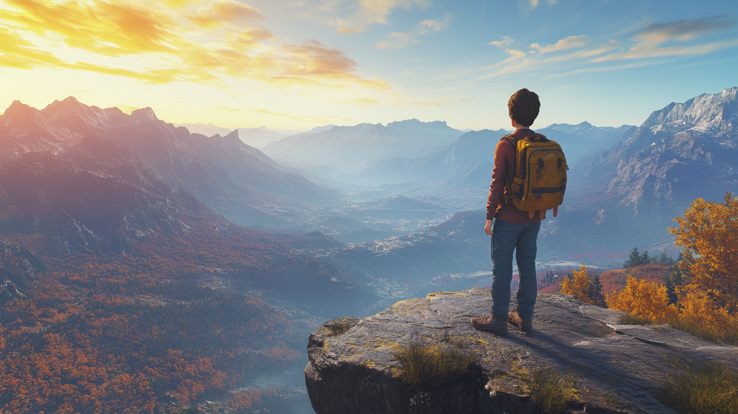 A person with a yellow backpack stands on a rocky cliff, overlooking a vast mountain landscape. The scene is illuminated by a vibrant sunset, casting warm hues across the sky and mountains. The valley below is filled with autumn-colored trees, creating a picturesque view.