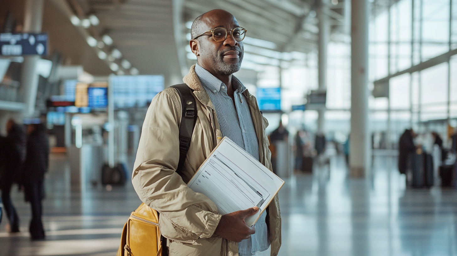 A person is standing in an airport terminal, holding a folder with documents. They are wearing glasses, a light jacket, and have a backpack and a yellow bag. The background shows blurred figures and airport signage.