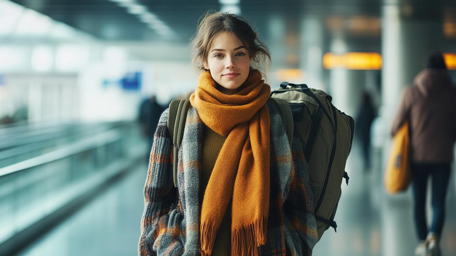 A young woman stands in an airport terminal, wearing a cozy orange scarf and a plaid jacket. She has a backpack on her shoulders and is looking directly at the camera with a slight smile. The background is blurred, showing other travelers and the bright interior of the terminal.