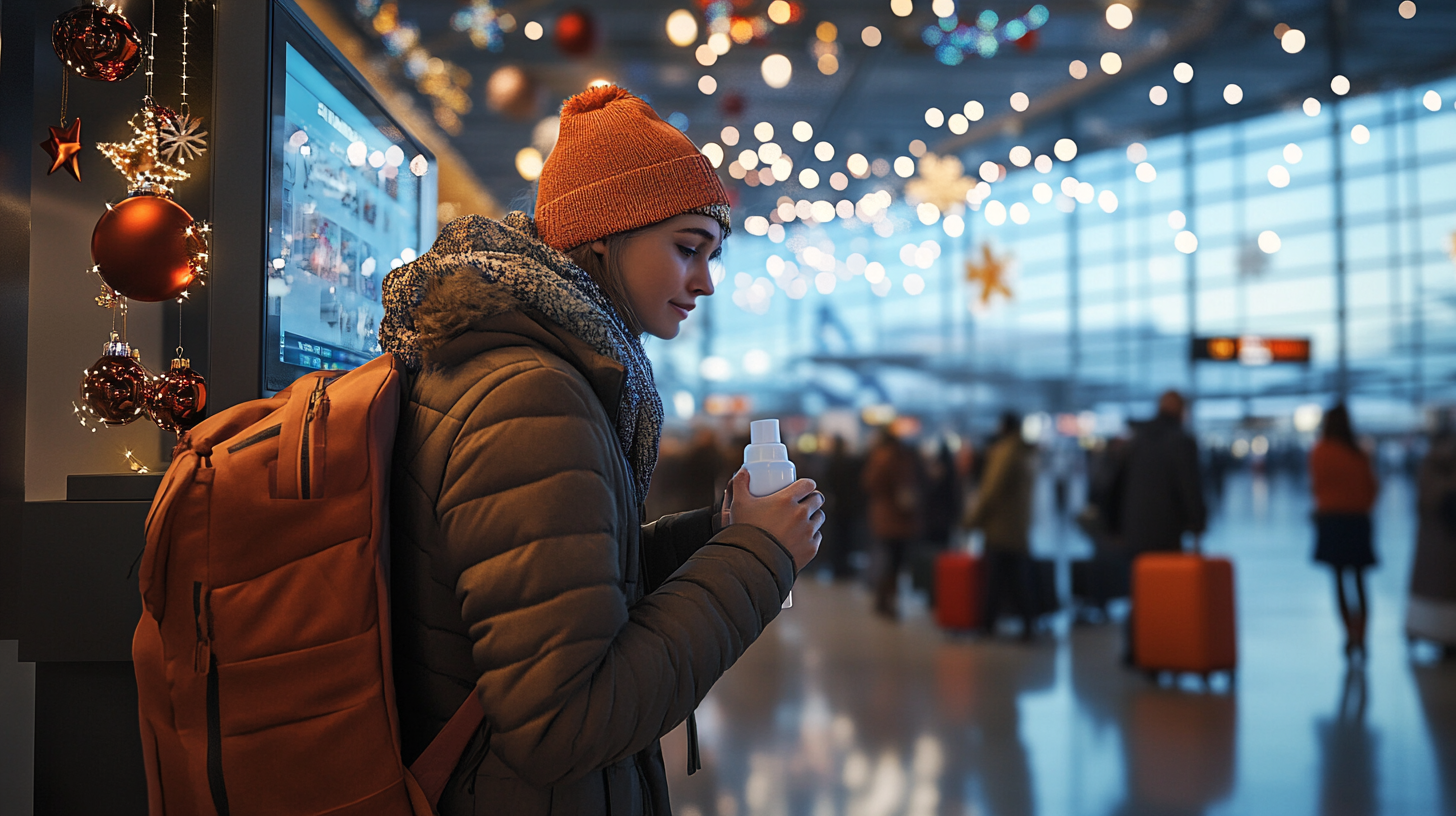 A person wearing a warm jacket and orange beanie is standing in an airport terminal, holding a drink. They have an orange backpack and are next to a digital display decorated with red ornaments and lights. The background shows a busy terminal with people and luggage, and festive lights hanging from the ceiling.