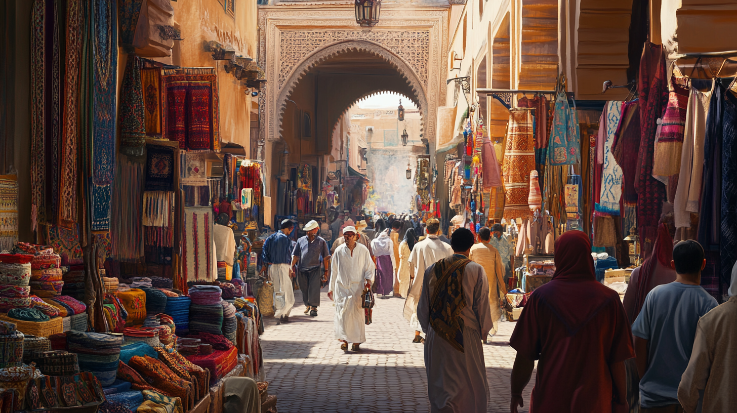 A bustling market street in a Middle Eastern or North African city, with people walking through a narrow alley lined with colorful textiles, rugs, and various goods. The architecture features ornate arches and warm-toned buildings. The scene is lively, with vendors and shoppers interacting.