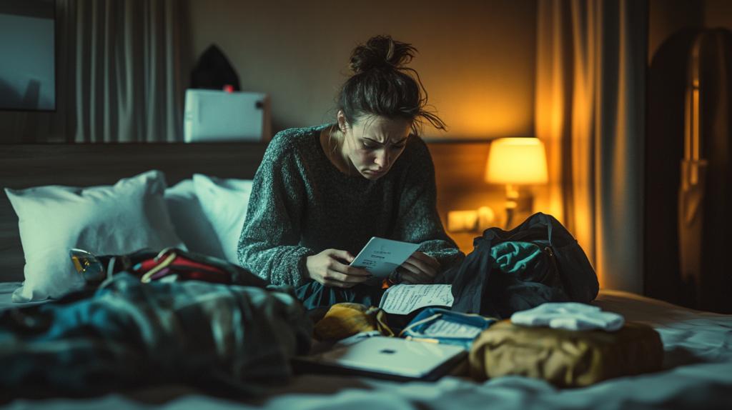 A woman is sitting on a bed in a dimly lit room, looking intently at a piece of paper. She appears focused or concerned. Around her are various items, including clothes, a notebook, and a tablet. A lamp on a bedside table casts a warm glow in the background.