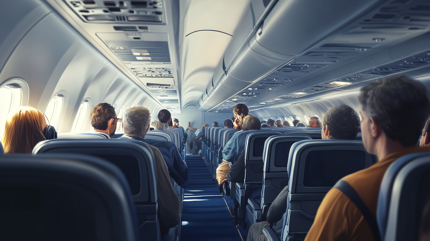 The image shows the interior of an airplane cabin filled with passengers. The view is from the back, looking towards the front of the plane. Passengers are seated in rows on both sides of the aisle, some wearing headphones, and others are engaged in conversation or looking around. The overhead compartments are closed, and the lighting is soft, creating a calm atmosphere.