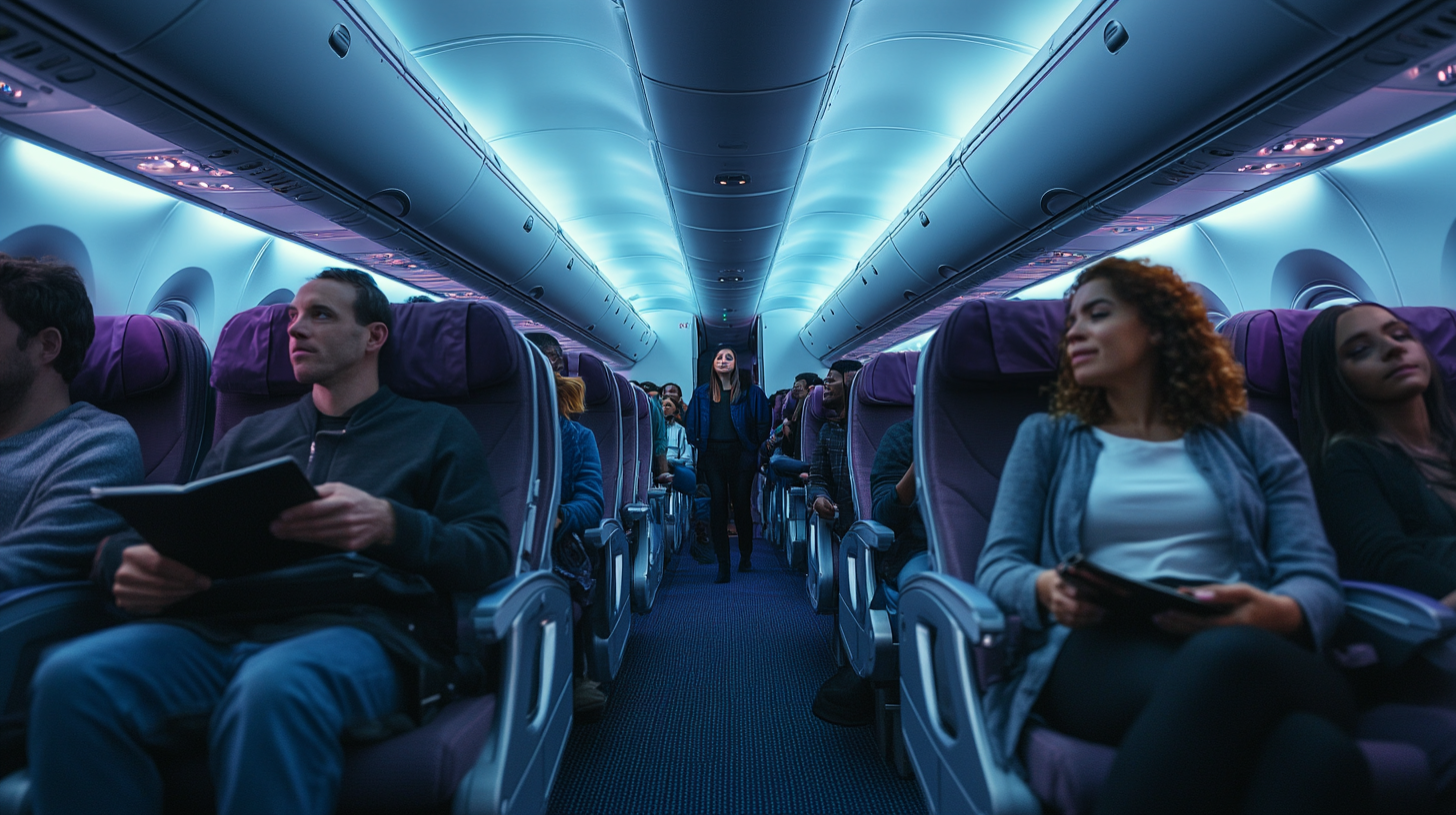 The image shows the interior of an airplane cabin with passengers seated in rows. The lighting is a calming blue, and a flight attendant is walking down the aisle. Passengers are engaged in various activities, such as reading and relaxing. The seats have purple headrests, and overhead compartments are visible.