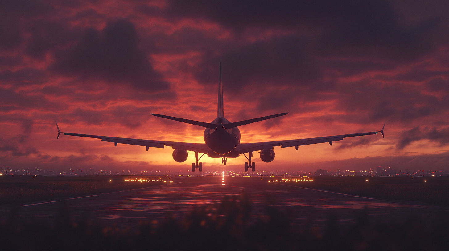 A passenger airplane is landing on a runway during sunset. The sky is filled with dramatic clouds in shades of orange and purple, and the runway lights are illuminated. The silhouette of the plane is prominently visible against the colorful sky.