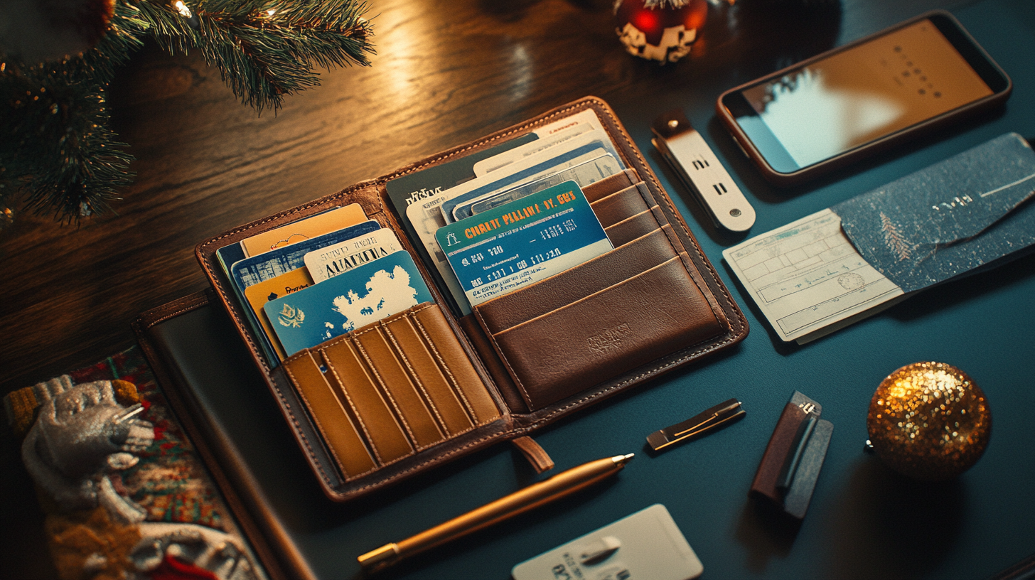 The image shows a neatly arranged flat lay of personal items on a dark wooden surface. There is an open brown leather wallet containing various cards, including a blue card with Cyrillic text. Nearby, there is a smartphone, a pen, a USB drive, a small envelope with a boarding pass, and a few other small items. The scene is decorated with Christmas elements, such as a small ornament and a branch of a Christmas tree with lights.