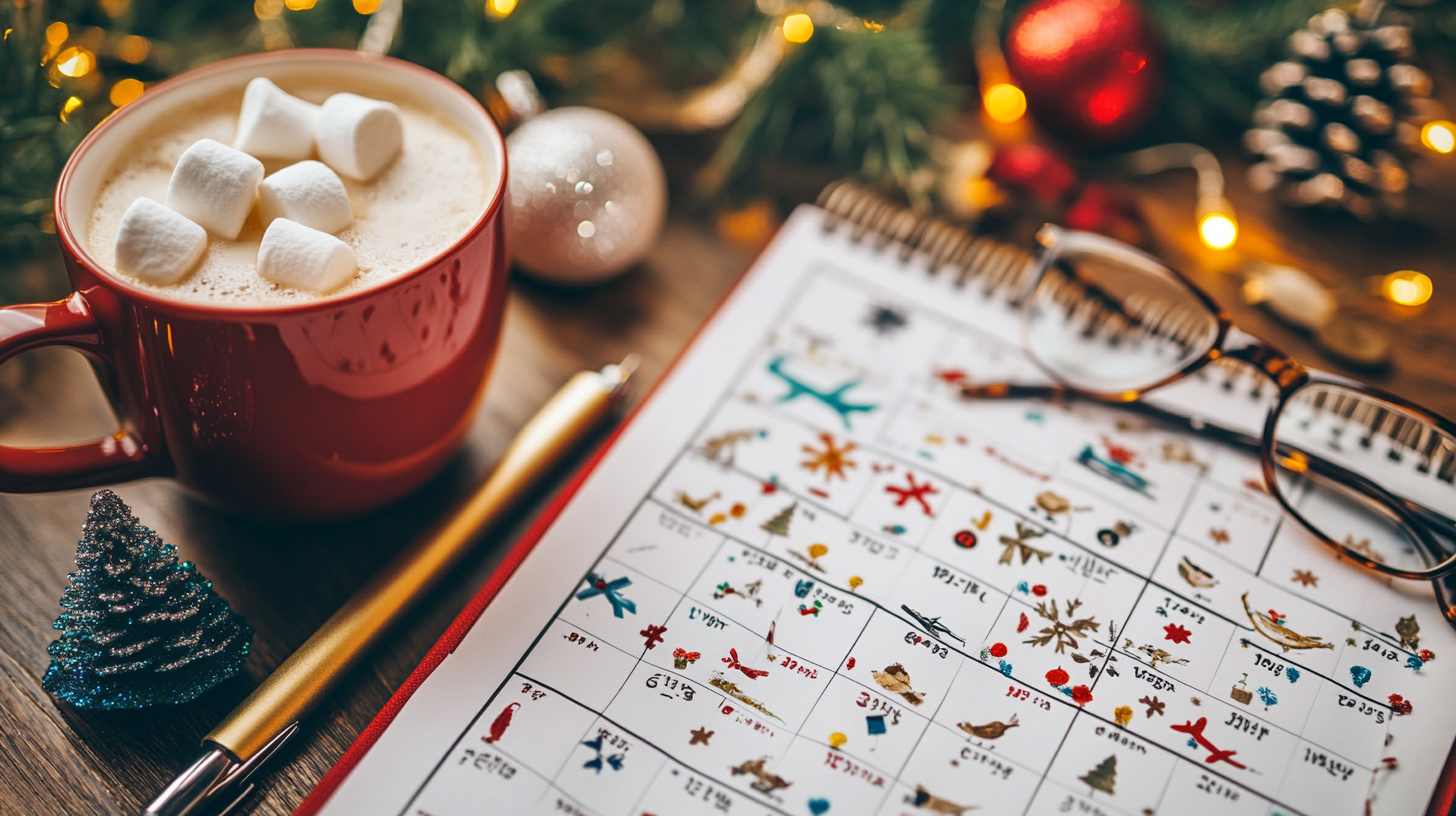 A cozy scene featuring a red mug filled with a hot beverage topped with marshmallows, a calendar with holiday-themed illustrations, a pair of glasses, and a pen. In the background, there are festive decorations including a small Christmas tree ornament, a pine cone, and string lights.