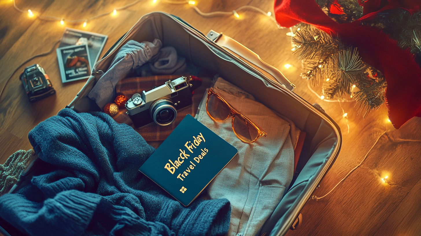 An open suitcase on a wooden floor is filled with travel items, including a blue sweater, a camera, sunglasses, and a booklet titled "Black Friday Travel Deals." Nearby, there are Christmas lights and a decorated tree branch, creating a festive atmosphere.