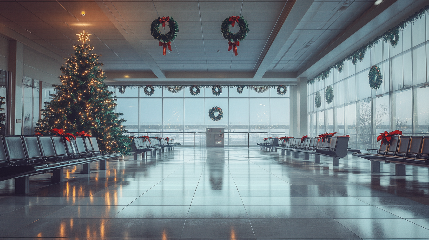 The image shows an airport terminal decorated for the holiday season. There is a large Christmas tree adorned with lights and ornaments on the left side. The terminal is lined with rows of empty seats, each decorated with red bows. Wreaths with red ribbons hang from the ceiling and windows, adding to the festive atmosphere. The floor is shiny, reflecting the decorations and lights. Large windows in the background provide a view of the outside.