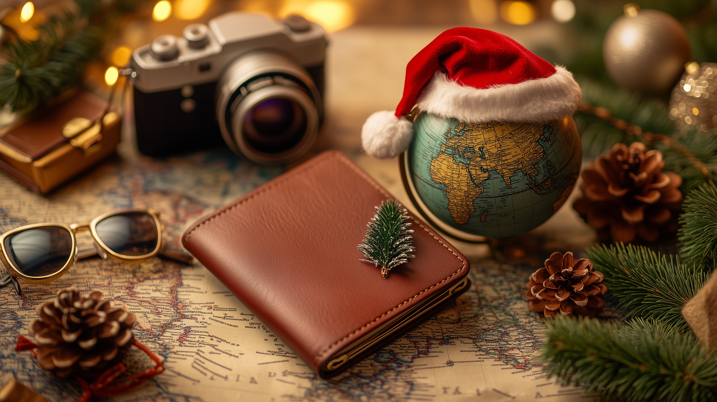The image features a festive arrangement with a globe wearing a Santa hat, a vintage camera, a brown leather wallet with a small pine tree decoration, sunglasses, and a map. Pinecones and evergreen branches are scattered around, creating a holiday travel theme. Warm, soft lighting adds a cozy atmosphere.