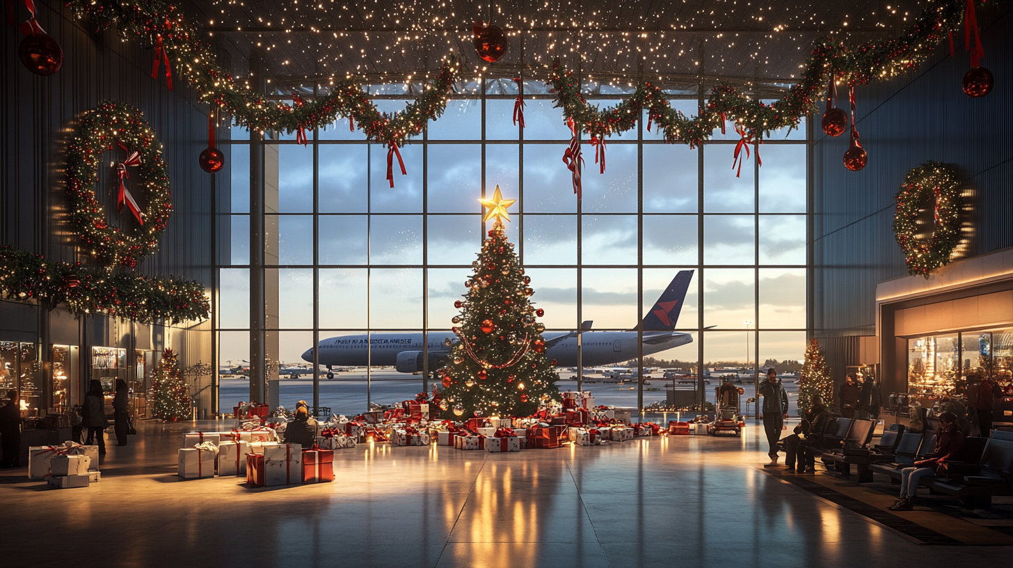The image shows a festive airport terminal decorated for Christmas. A large Christmas tree adorned with lights and ornaments stands in the center, surrounded by numerous wrapped gifts. The ceiling and walls are decorated with garlands, wreaths, and red ribbons. Through the large windows, an airplane is visible on the tarmac. People are sitting and walking around the terminal, adding to the holiday atmosphere.