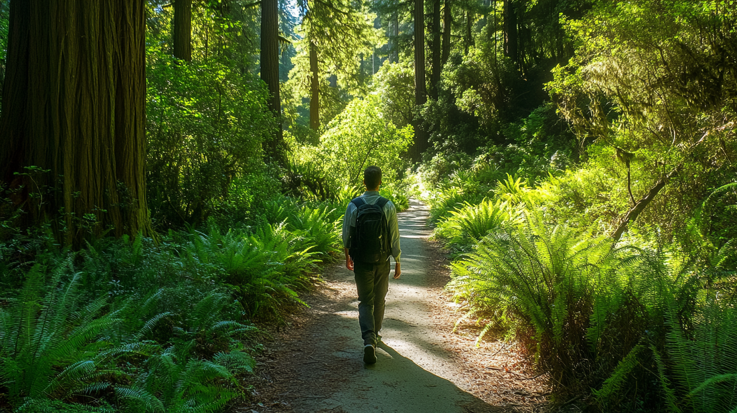 A person with a backpack is walking along a sunlit forest path surrounded by tall trees and lush green ferns. The scene is peaceful and the sunlight filters through the canopy, creating a serene atmosphere.