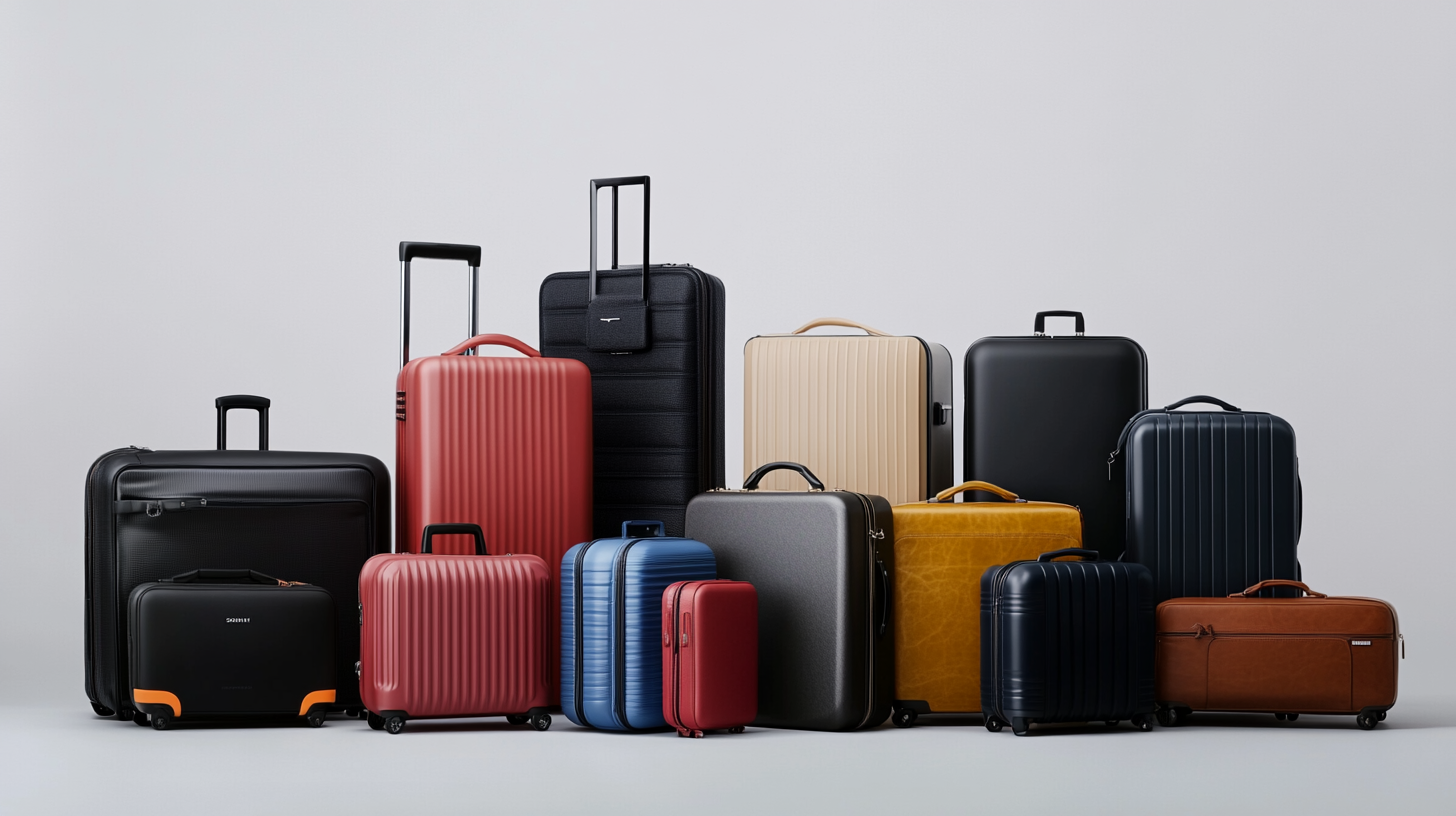 A collection of various suitcases and luggage bags in different sizes and colors, including black, red, blue, beige, and brown. The suitcases have different textures and designs, with some featuring wheels and telescopic handles. They are arranged against a plain, light-colored background.